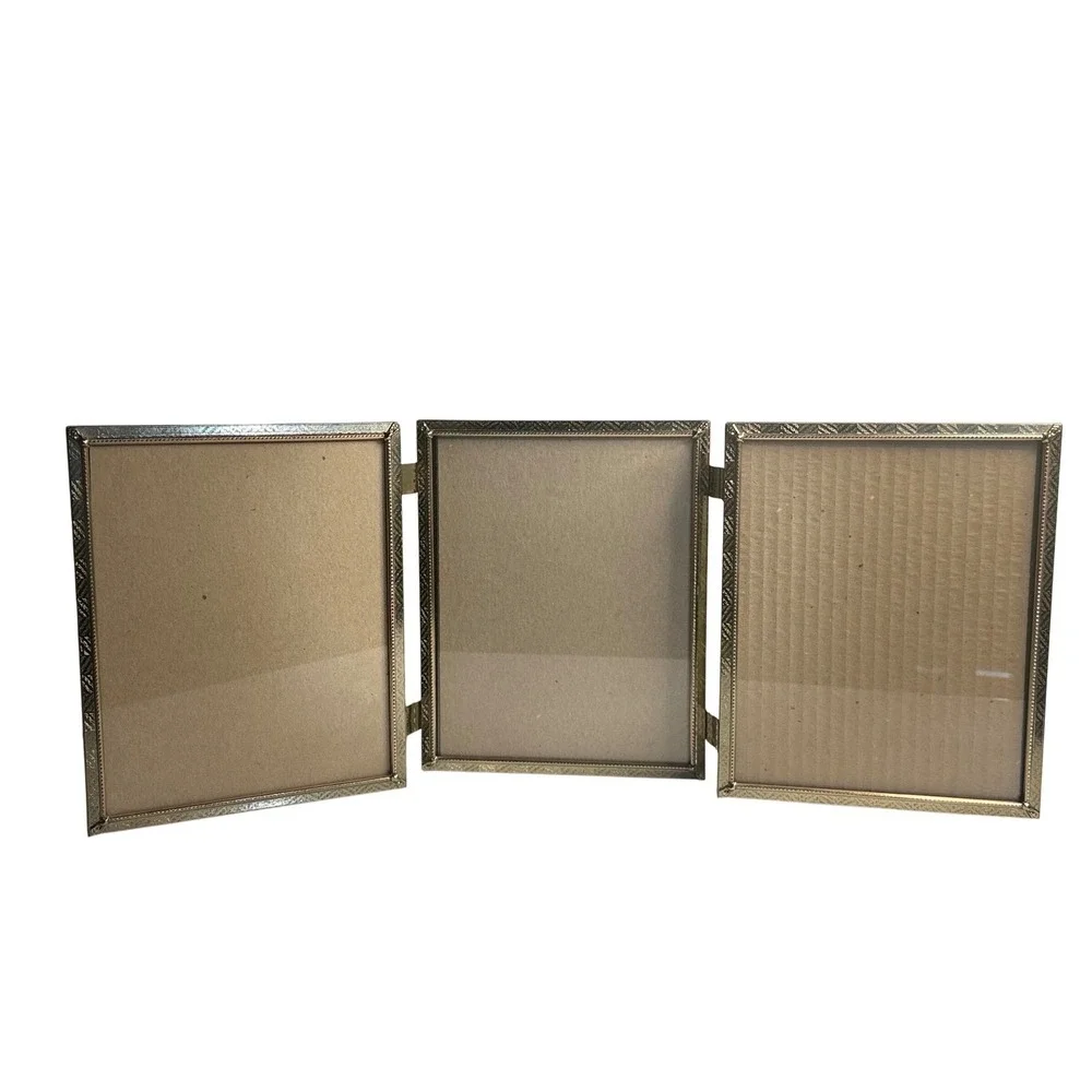 VTG‎ Triple Folding Picture Frame Gold Toned Metal Ornate Etched 8x10 Hollywood